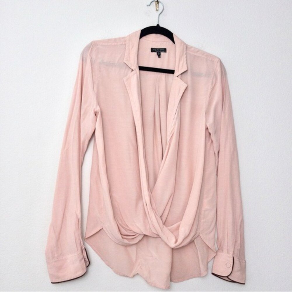 rag & bone Dean Drape Front Blouse Shirt S Dusty Rose Twist Faux Wrap - Picture 5 of 13